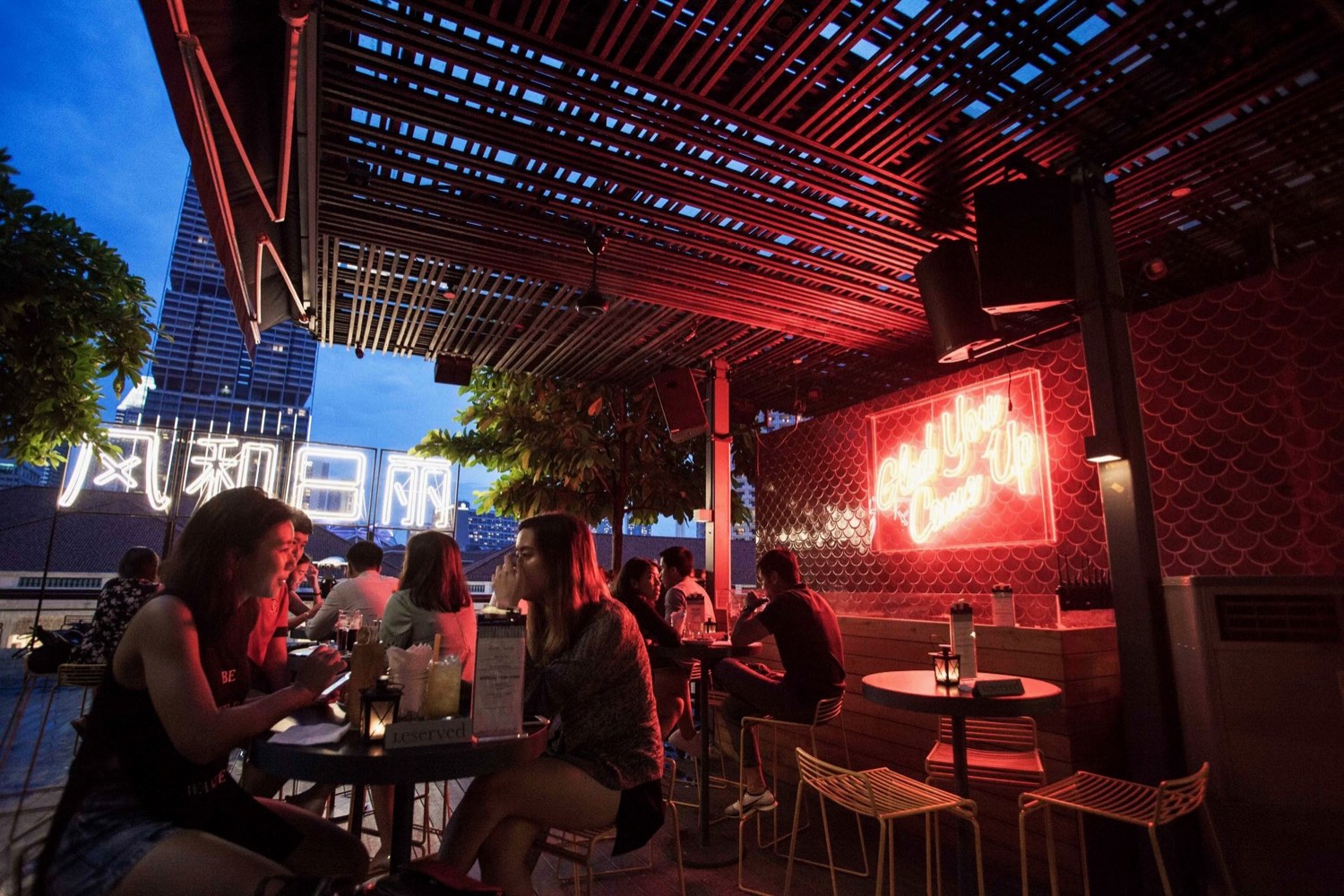 Evening reception at a rooftop bar