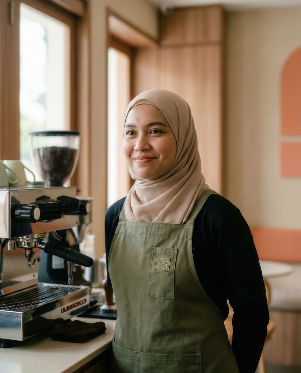 Portrait of a café owner at her counter