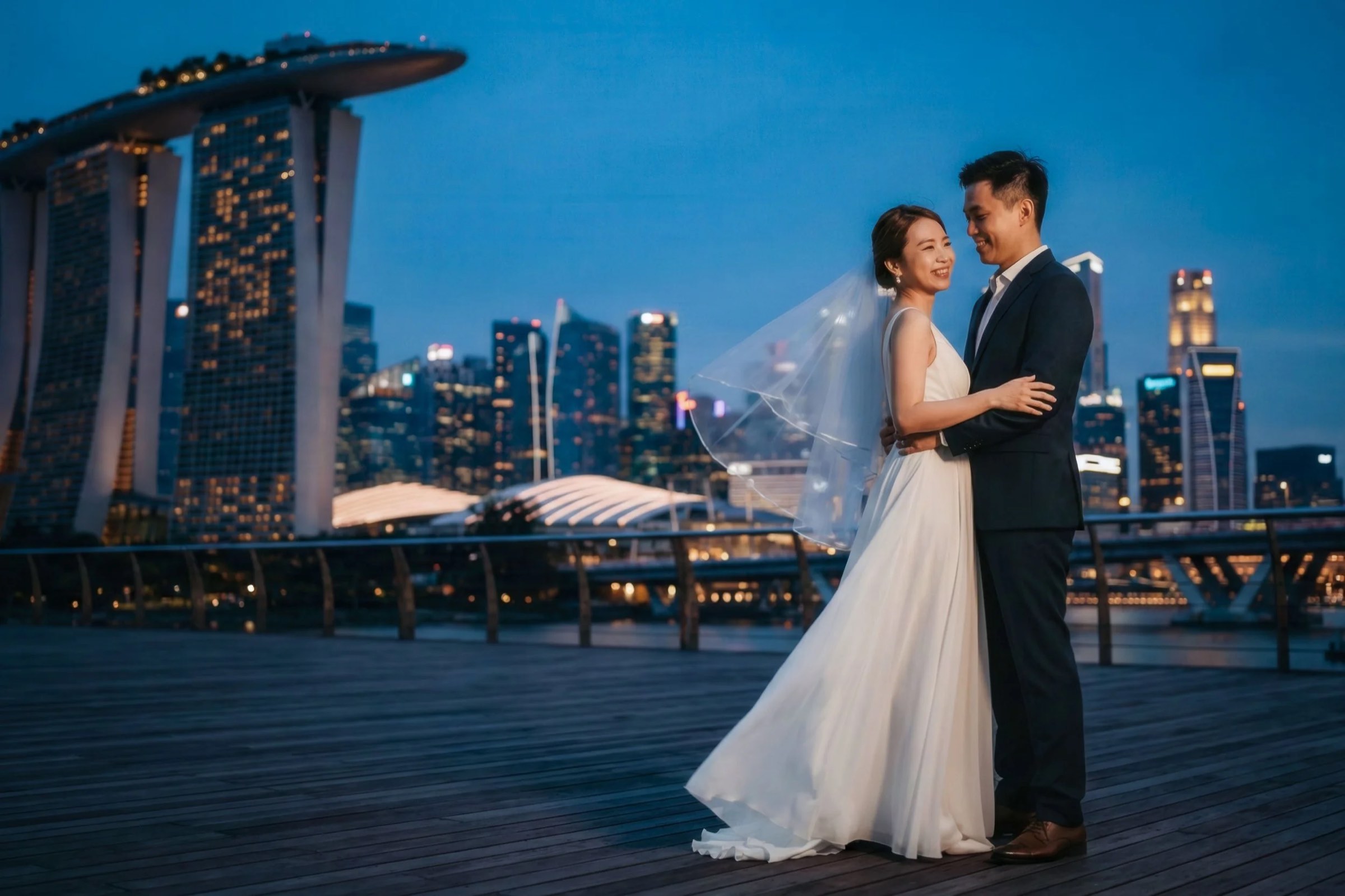 Bride and groom at Marina Bay at dusk
