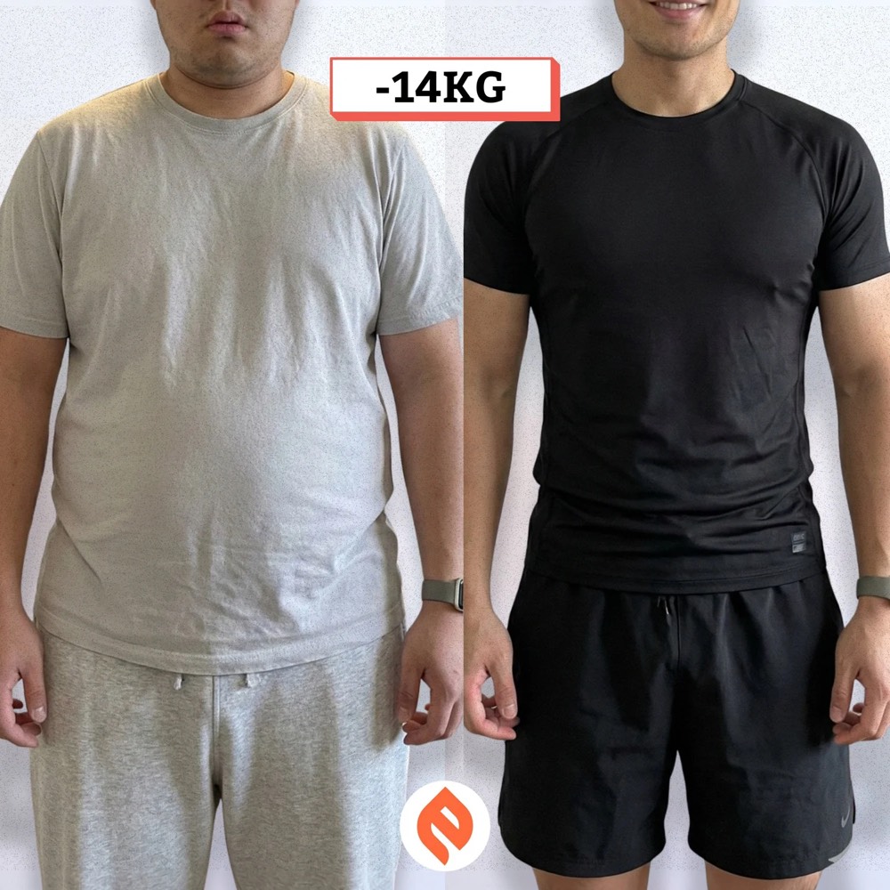 Peter before and after, 14 kg lighter