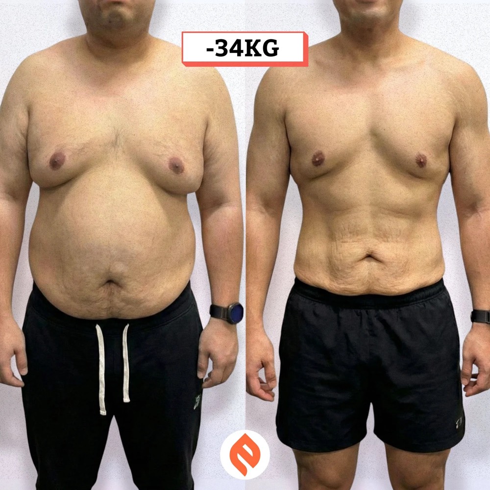 Gideon before and after, 34 kg lighter