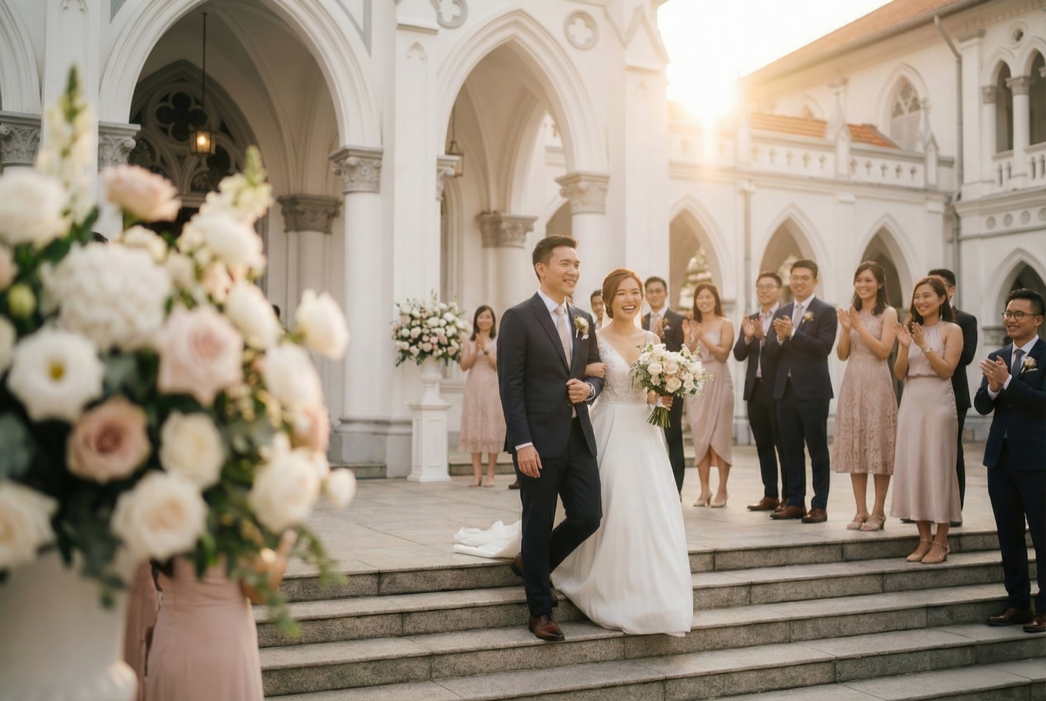 Bride and groom walking down the steps with their wedding party
