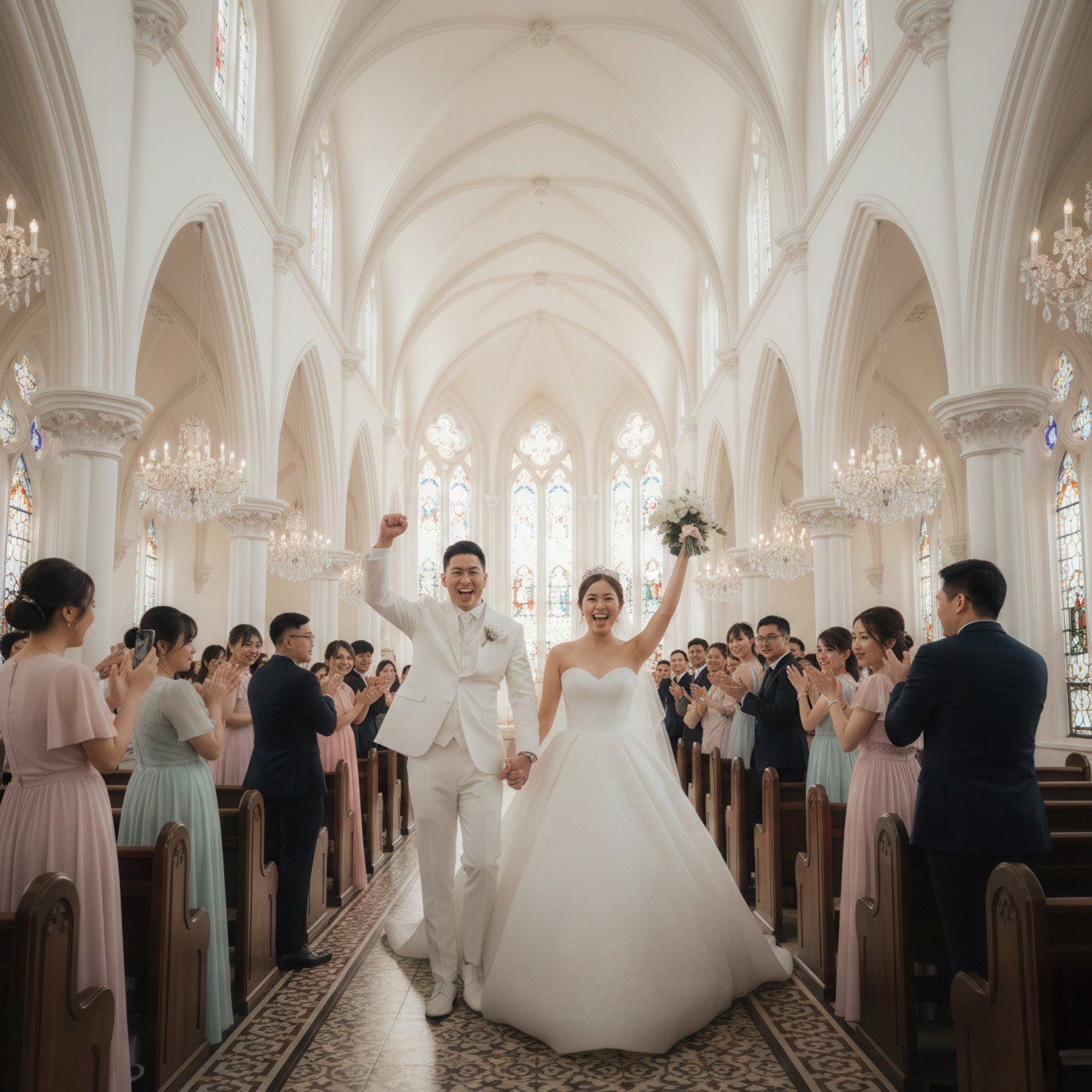 Church wedding ceremony seen from the aisle