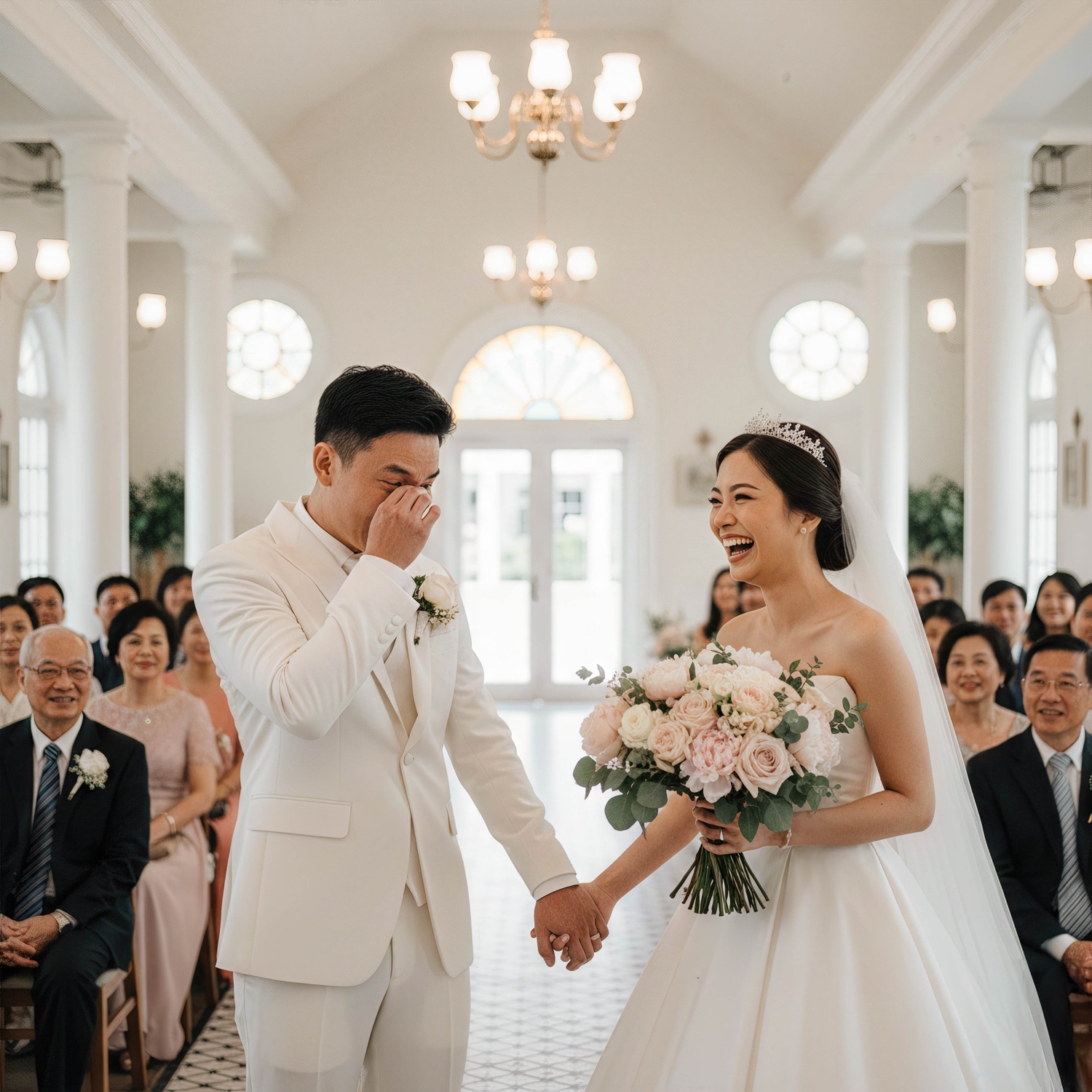 Bride and groom in a white chapel with their guests